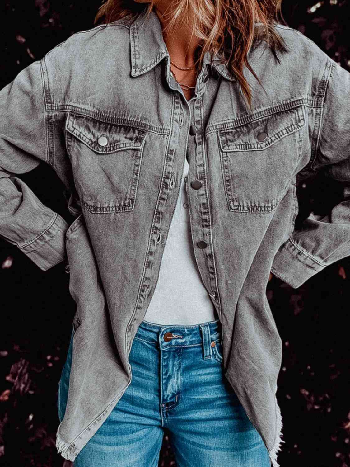 Frayed Hem Collared Denim Jacket - KAISERINC