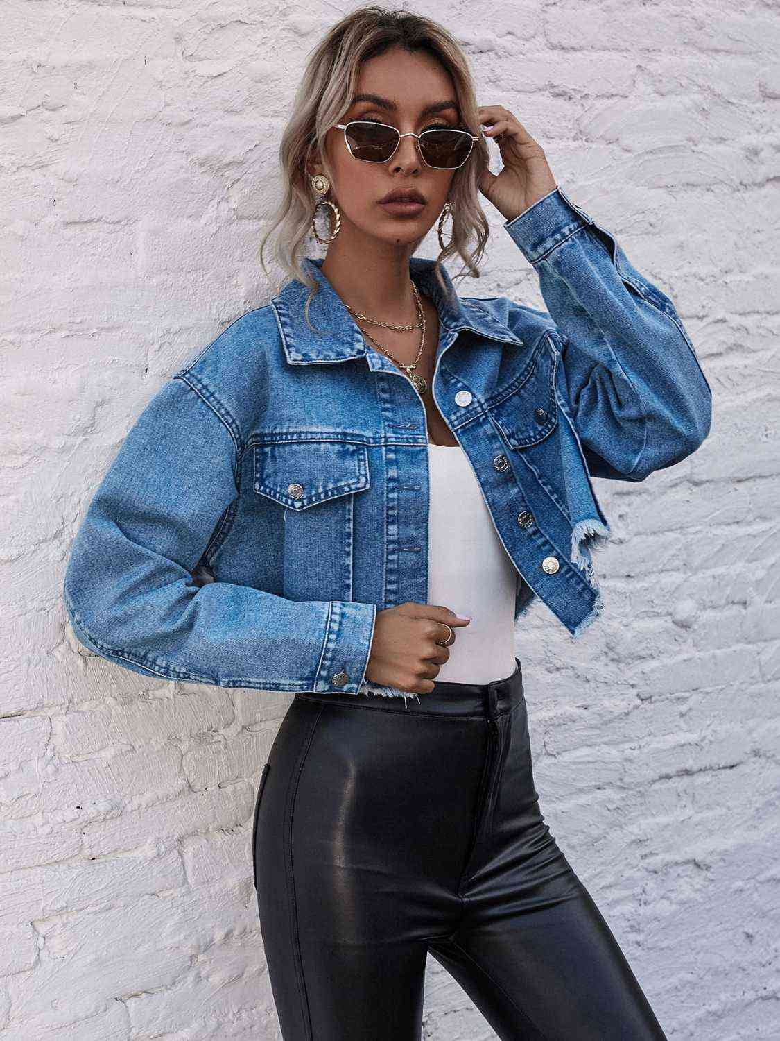 Raw Hem Collared Neck Denim Jacket - KAISERINC