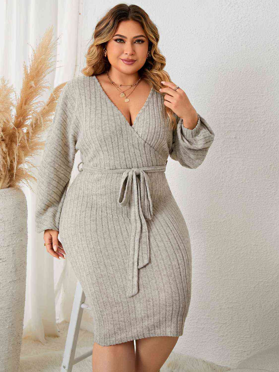Plus Size Tie Waist Wrap Dress - KAISERINC