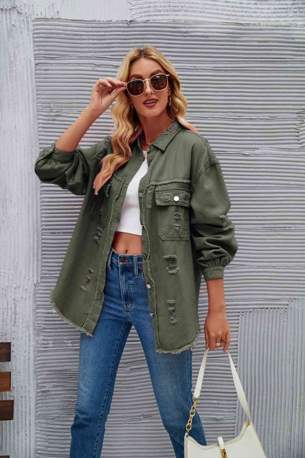 Distressed Raw Hem Denim Jacket - KAISERINC