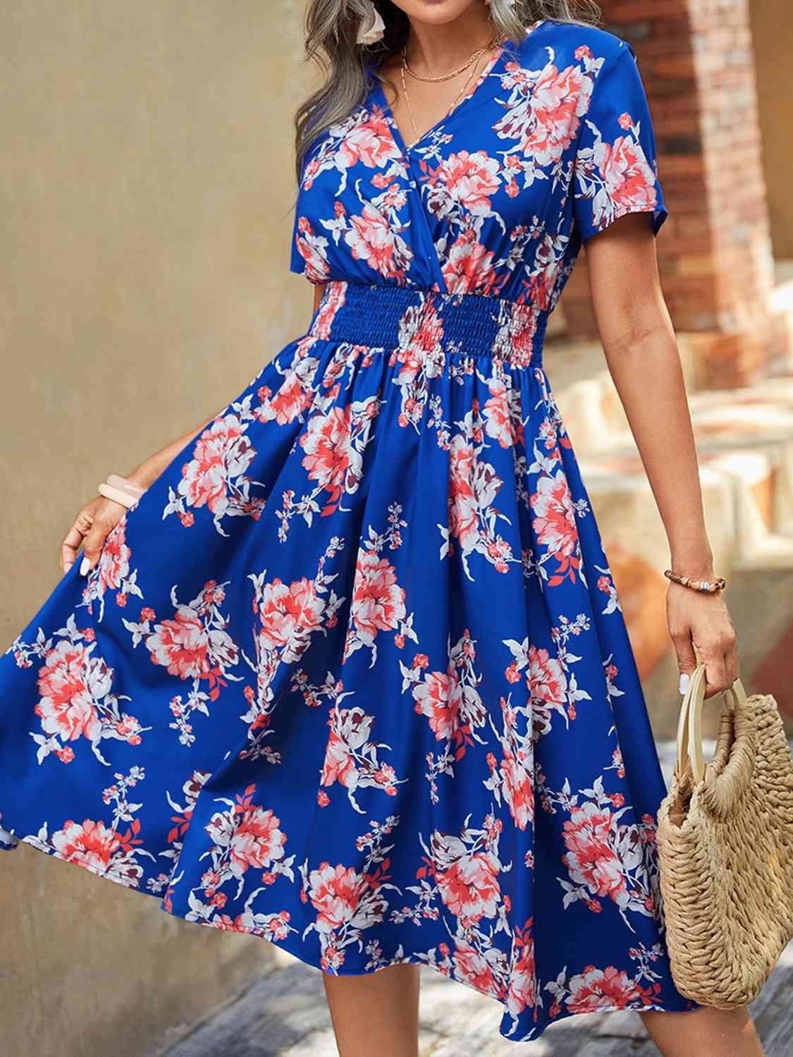 Elastic Waist V Neck Floral Print Midi Dress - KAISERINC