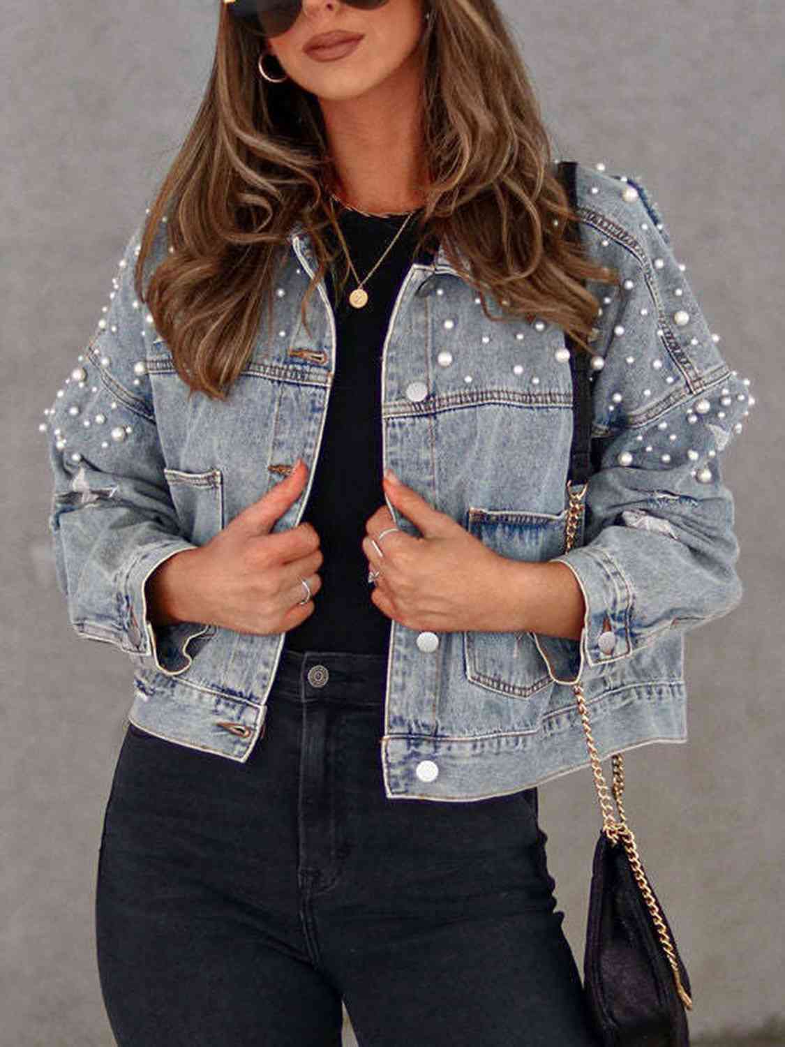 Pearl Trim Button Up Denim Jacket with Pockets - KAISERINC