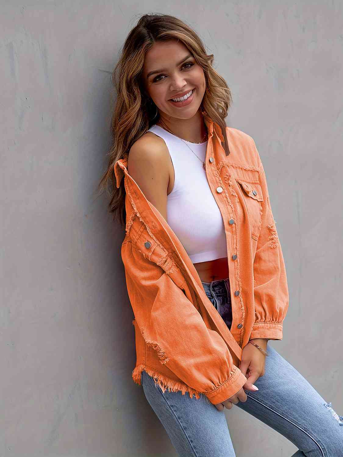 Distressed Drop Shoulder Denim Jacket - KAISERINC