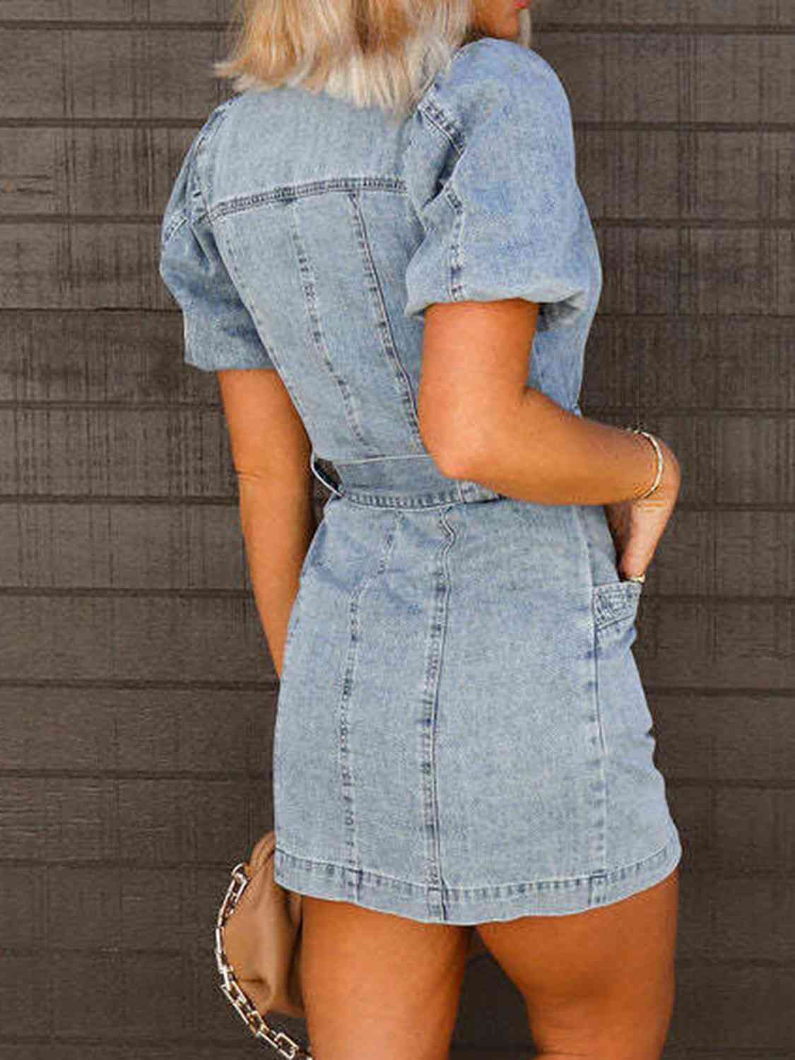Puff Sleeve Button Up Mini Denim Dress - KAISERINC