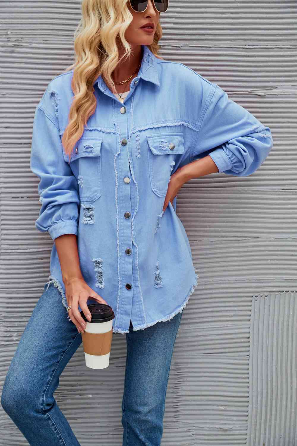 Distressed Raw Hem Denim Jacket - KAISERINC