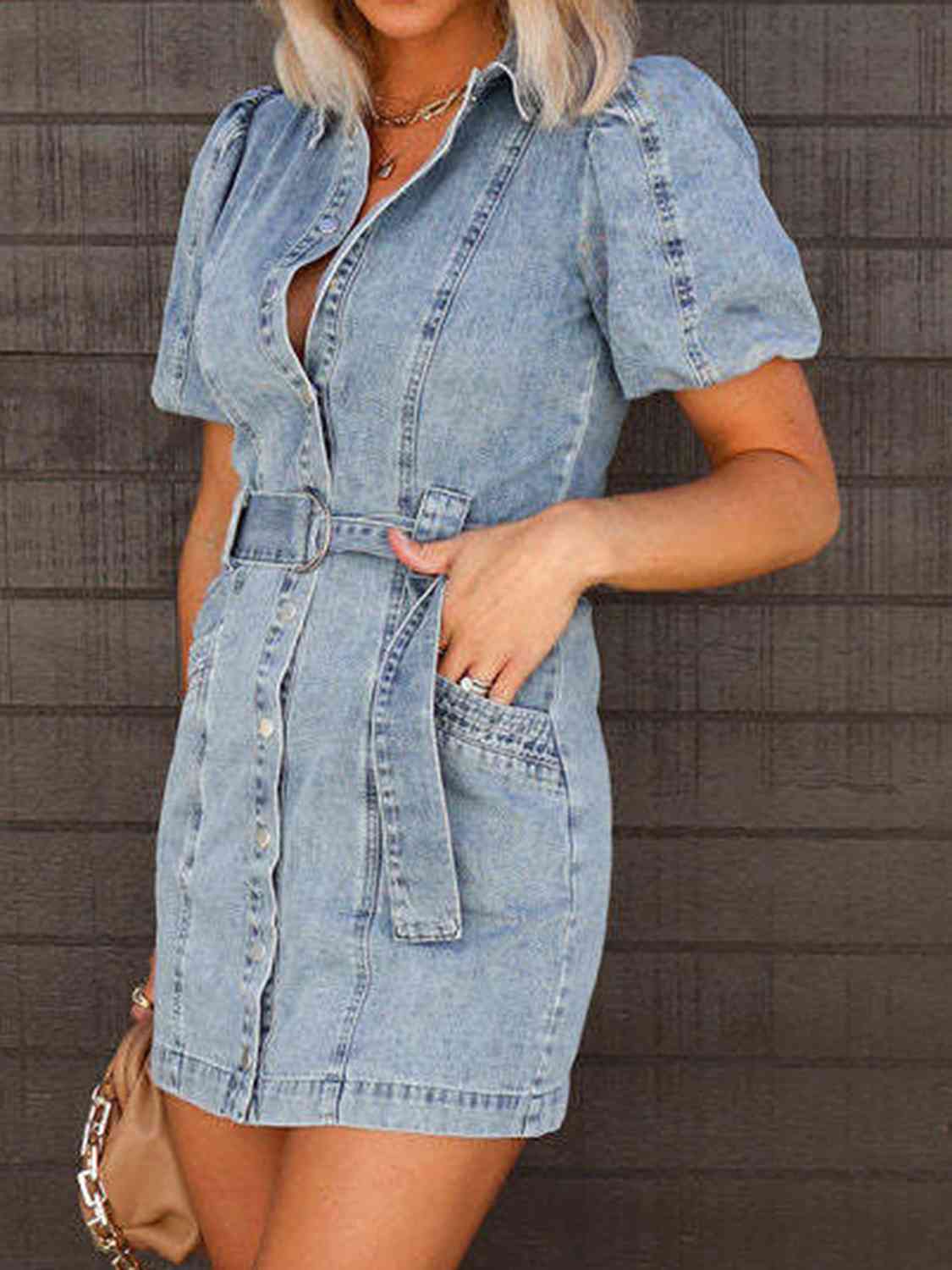 Puff Sleeve Button Up Mini Denim Dress - KAISERINC