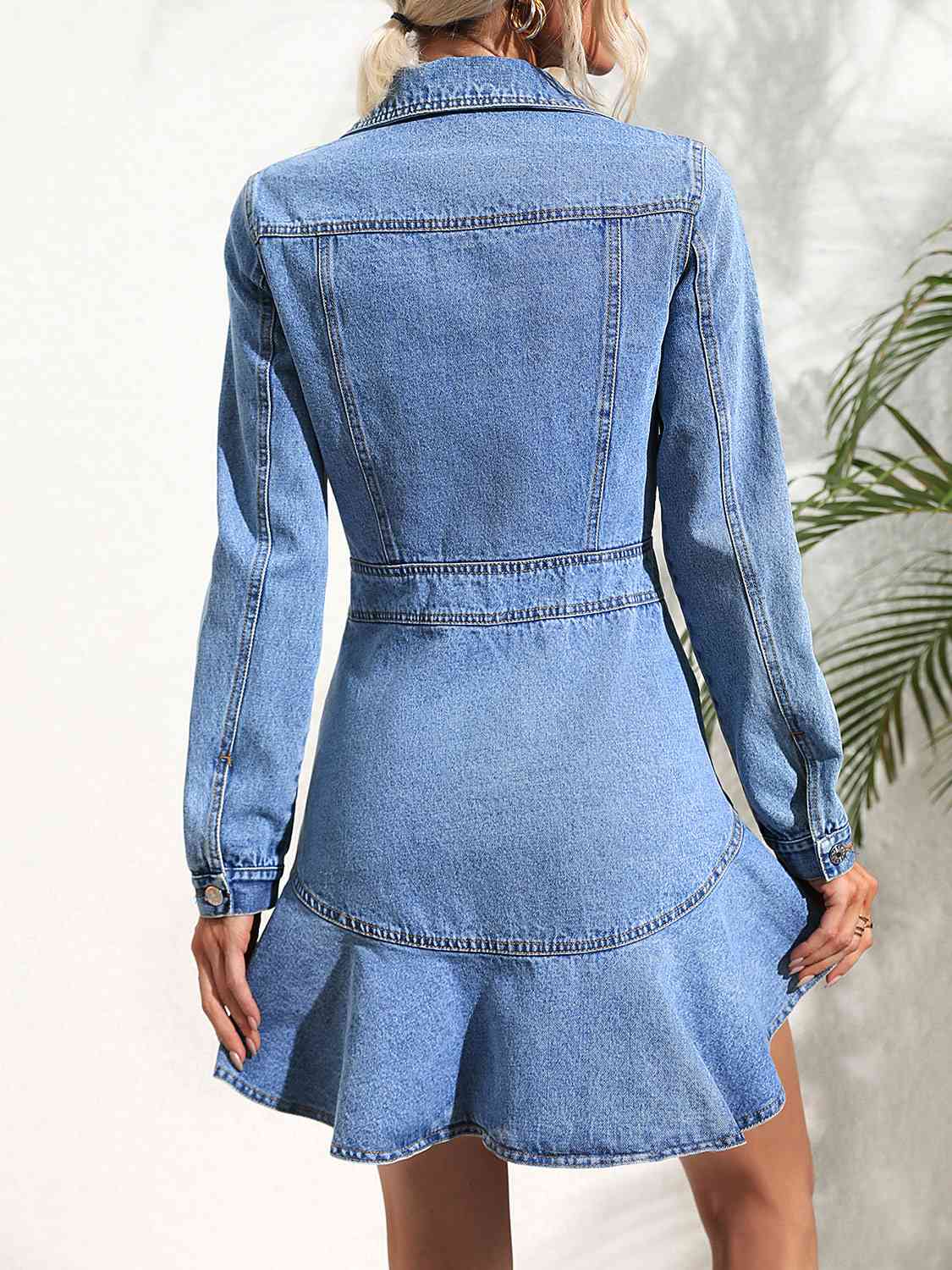 Collared Neck Button Down Denim Dress - KAISERINC
