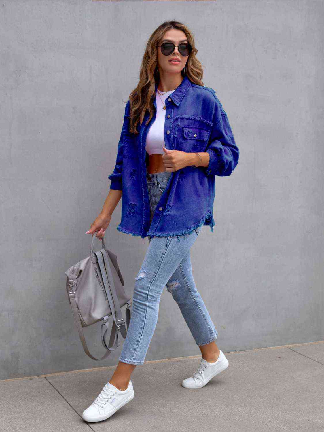 Distressed Drop Shoulder Denim Jacket - KAISERINC
