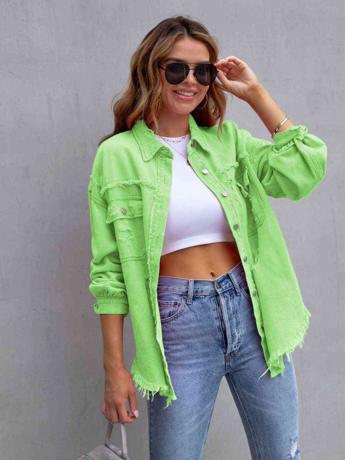 Distressed Drop Shoulder Denim Jacket - KAISERINC