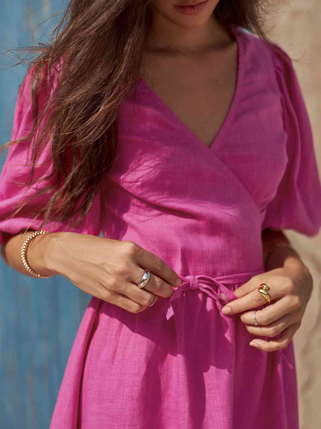 Surplice Balloon Sleeves Tied Dress - KAISERINC