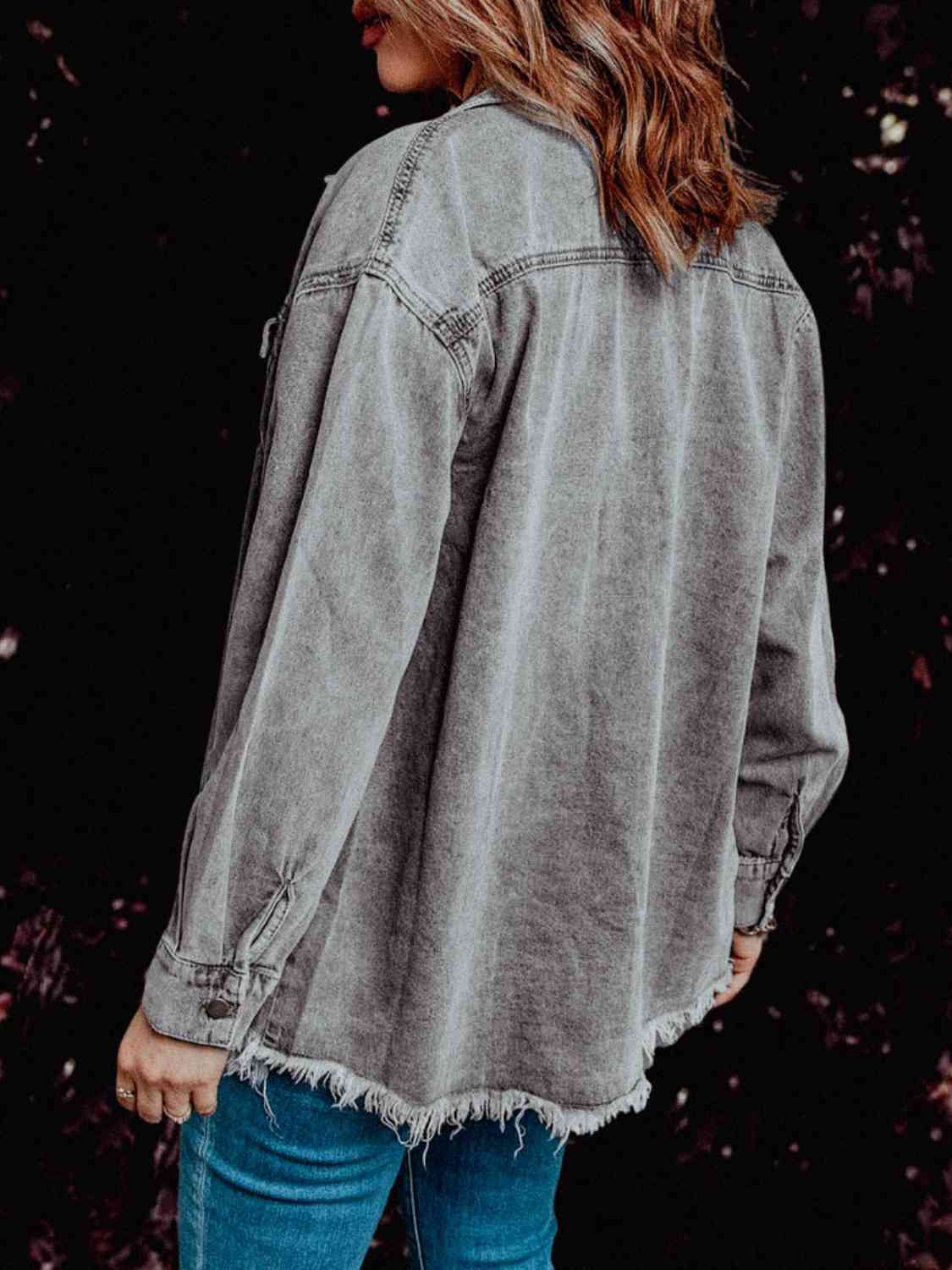 Frayed Hem Collared Denim Jacket - KAISERINC
