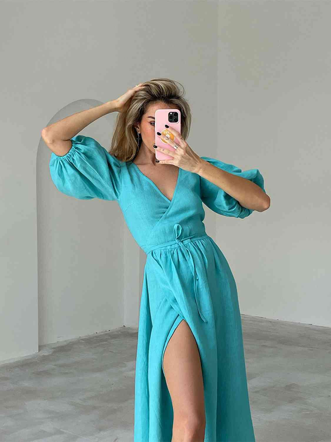 Surplice Balloon Sleeves Tied Dress - KAISERINC