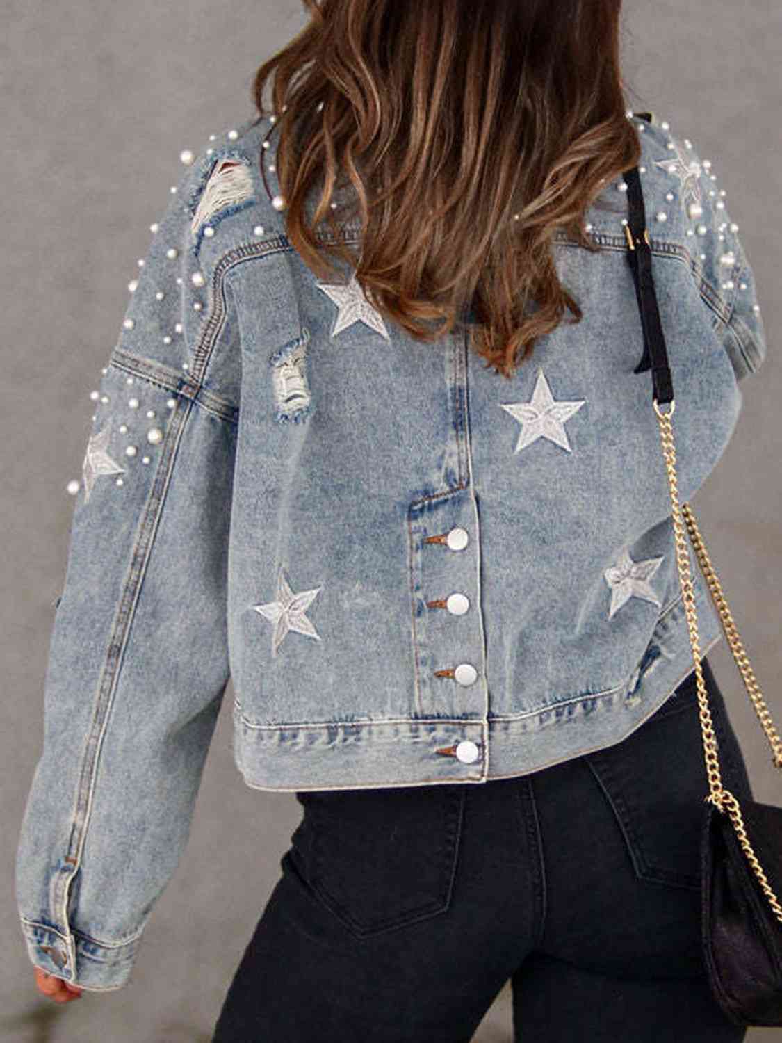 Pearl Trim Button Up Denim Jacket with Pockets - KAISERINC