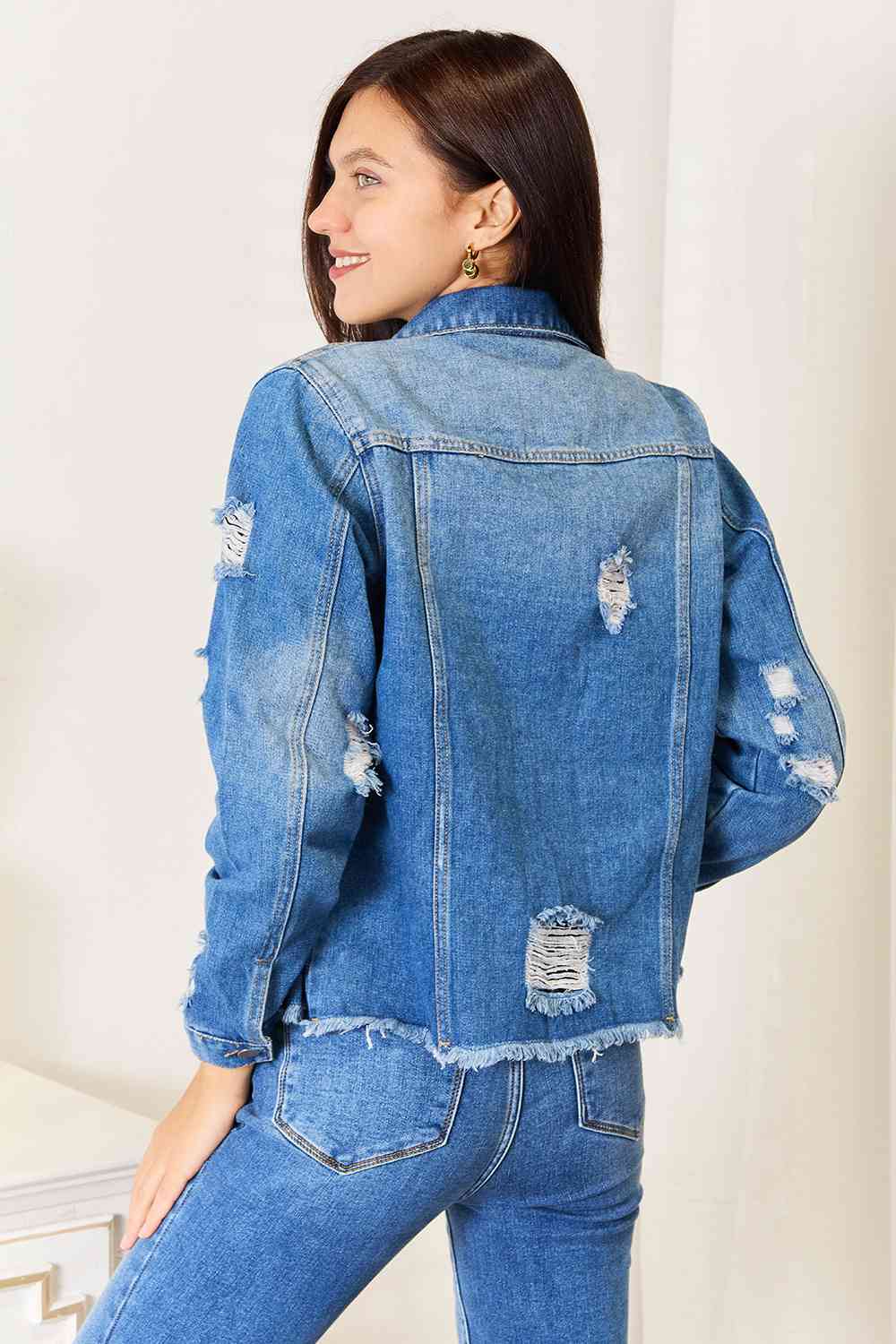 Baeful Leopard Floral Distressed Raw Hem Denim Jacket - KAISERINC