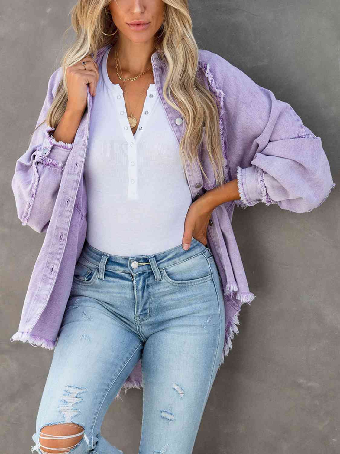 Button Down Raw Hem Denim Jacket - KAISERINC