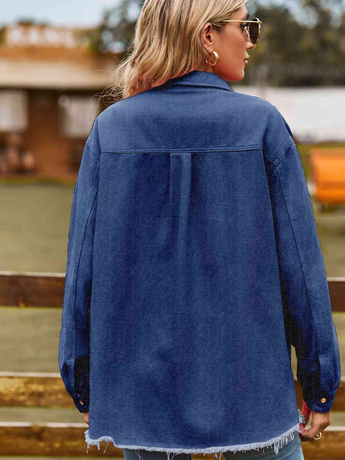 Button Up Collared Neck Raw Hem Denim Top - KAISERINC