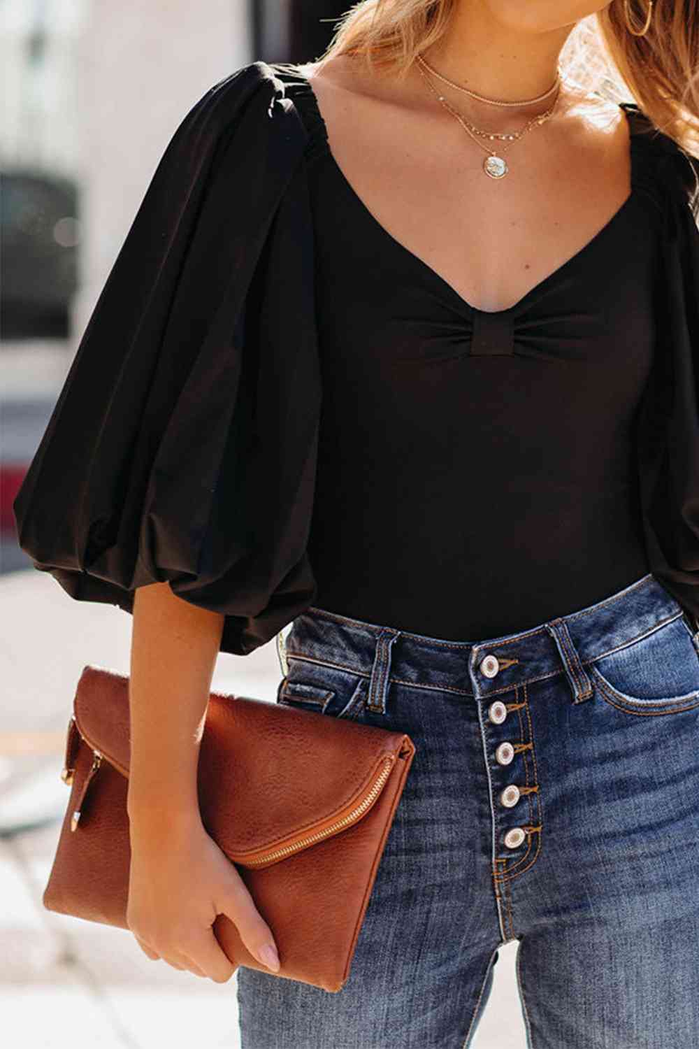 V-Neck Ruched Lantern Sleeve Bodysuit - KAISERINC