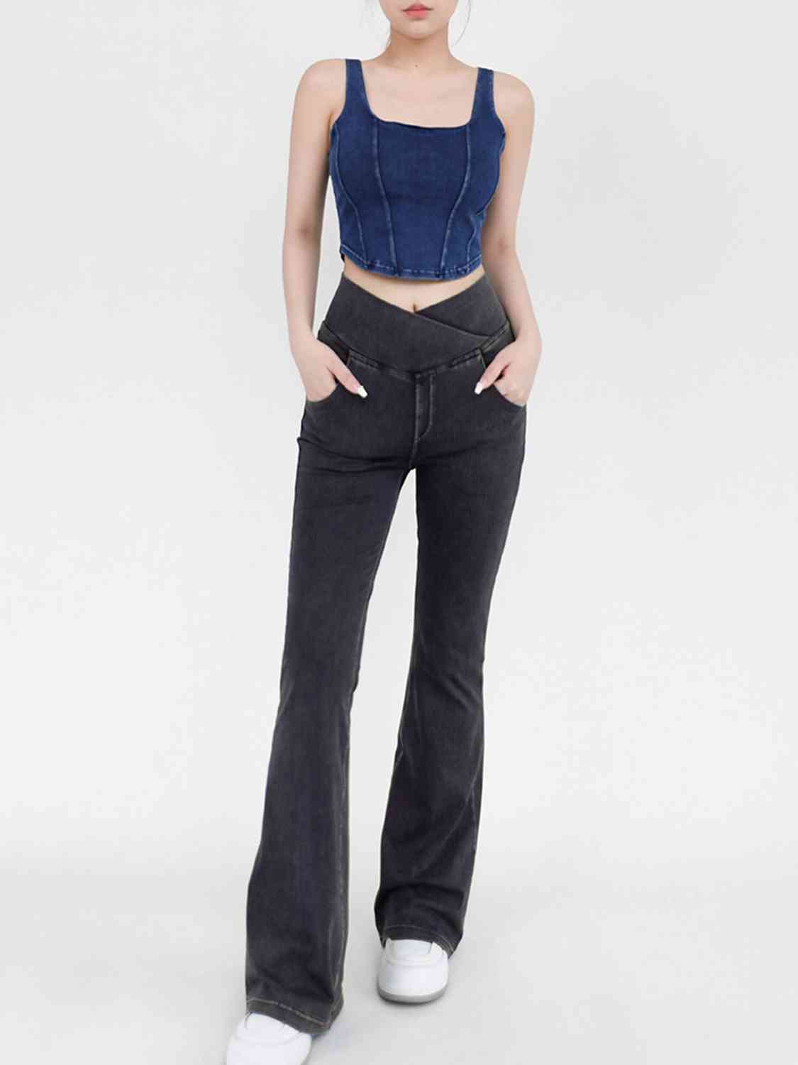 Wide Waistband Bootcut Jeans with Pockets - KAISERINC