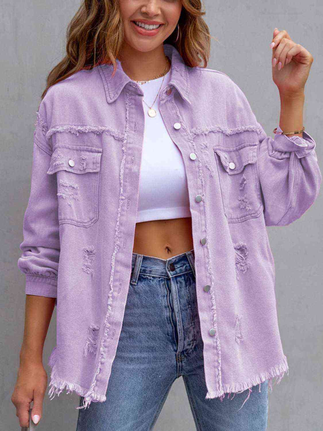 Distressed Drop Shoulder Denim Jacket - KAISERINC