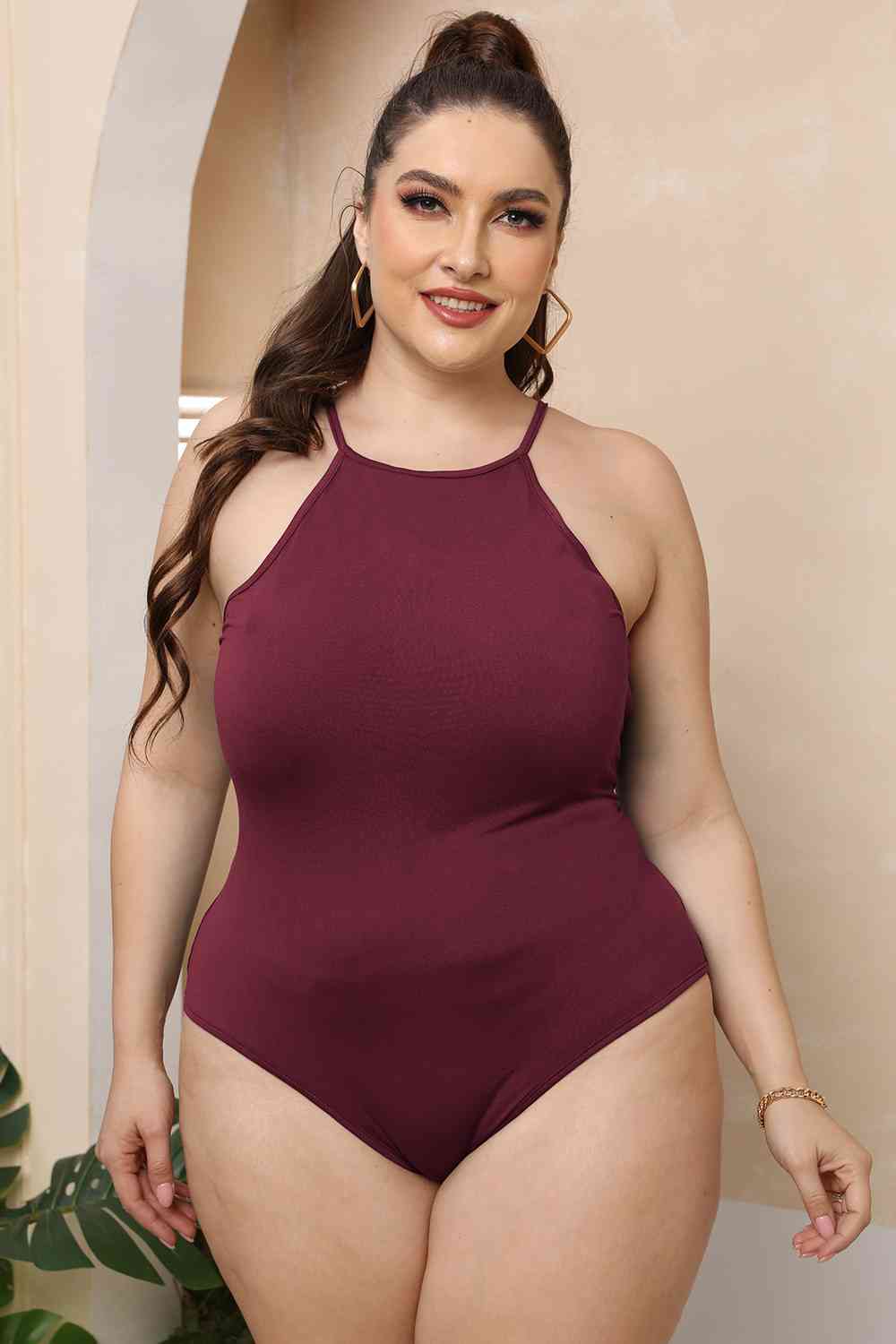 Plus Size Halter Neck Spaghetti Strap Bodysuit - KAISERINC