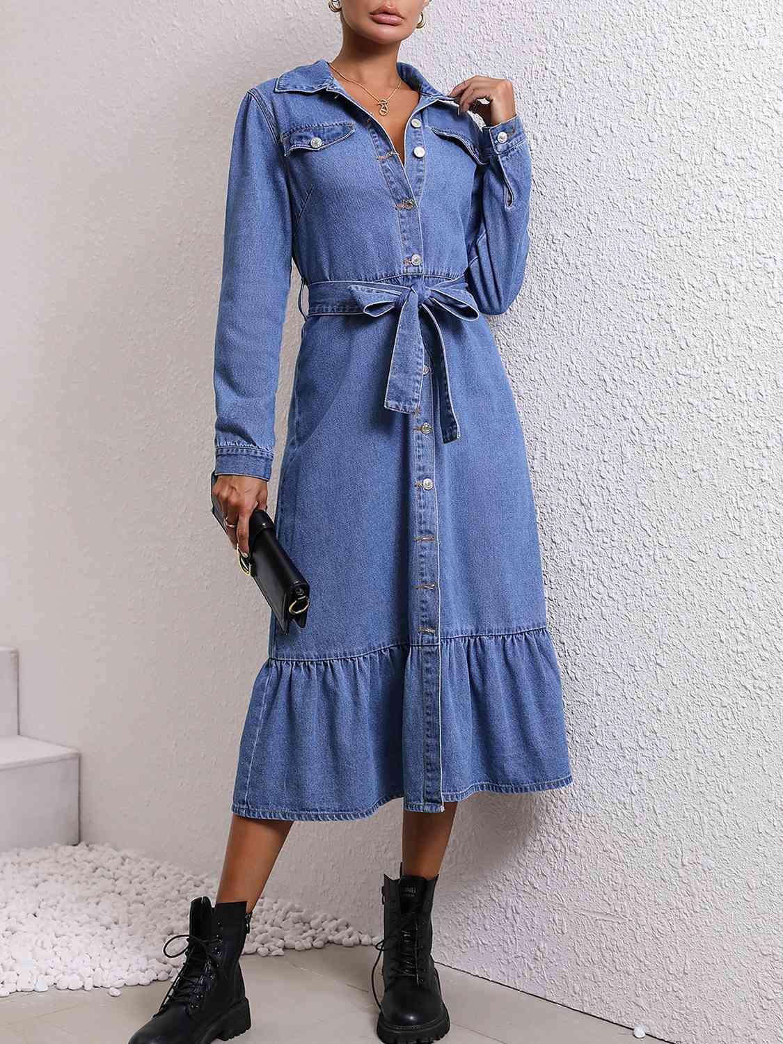 Collared Neck Button Down Denim Dress - KAISERINC