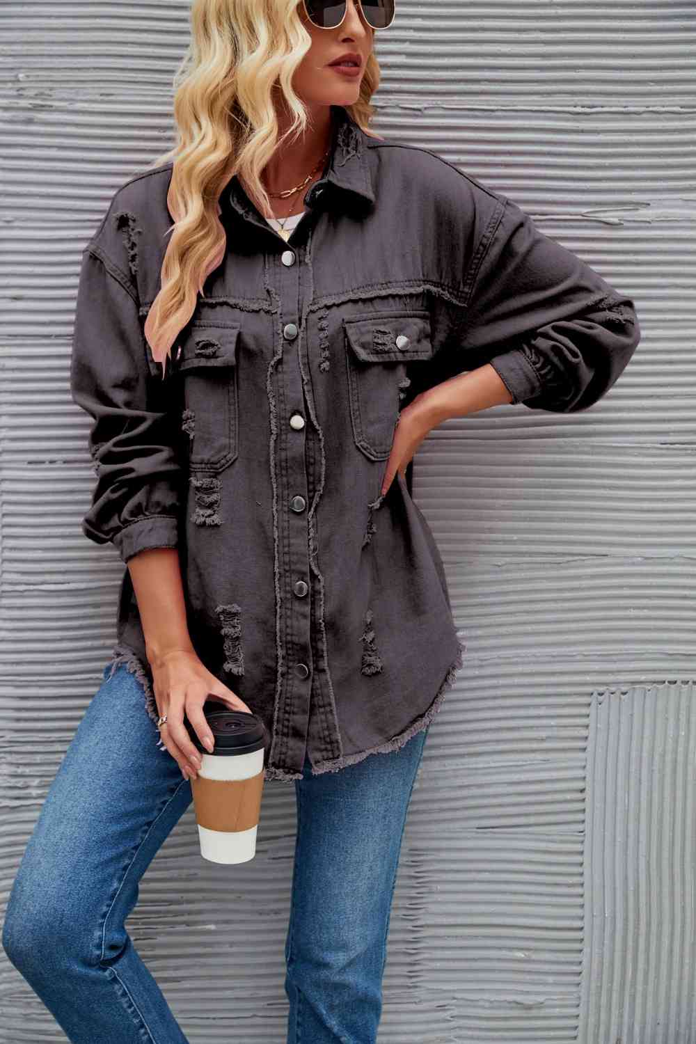 Distressed Raw Hem Denim Jacket - KAISERINC