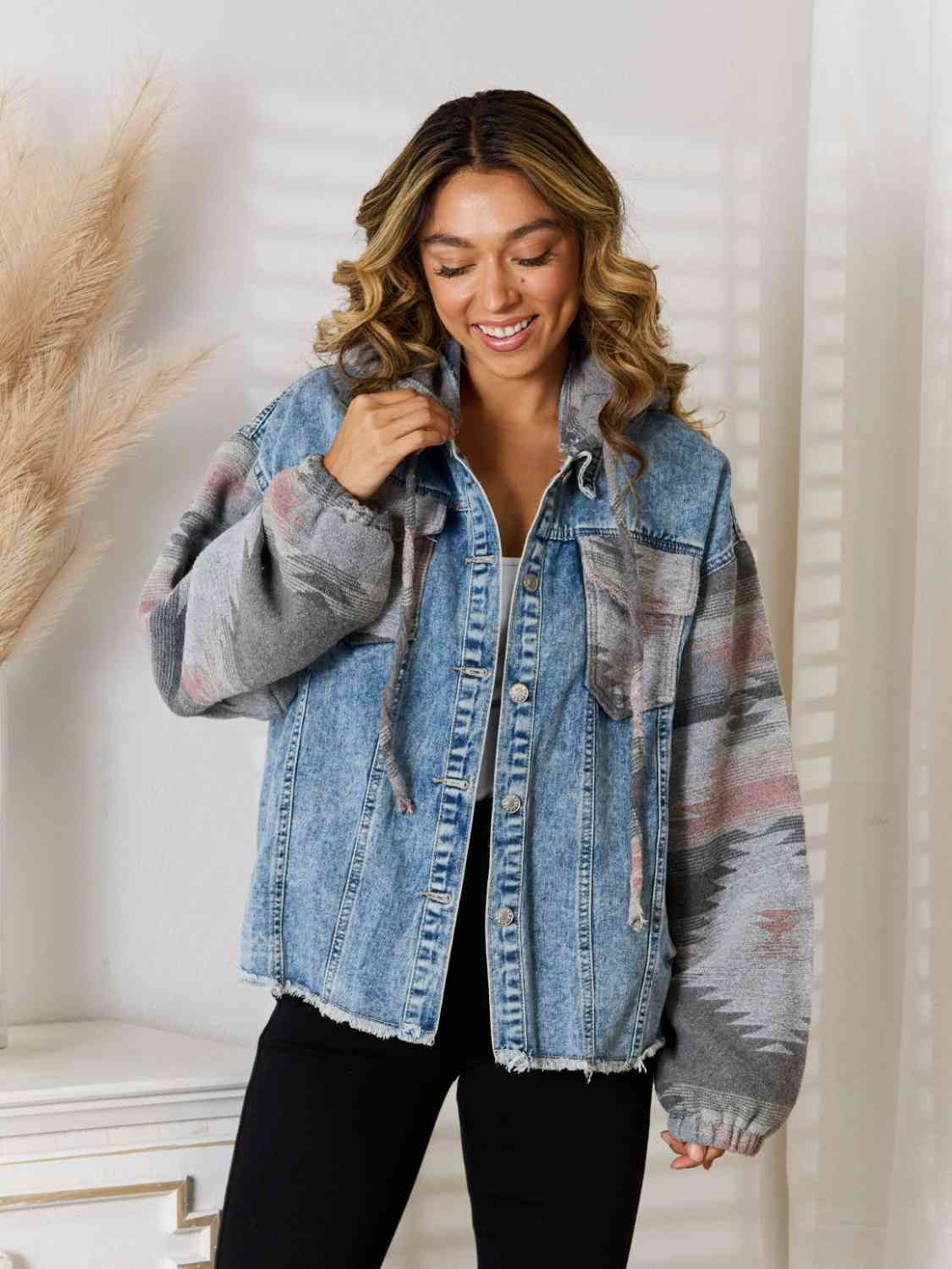 Geometric Raw Hem Denim Jacket - KAISERINC