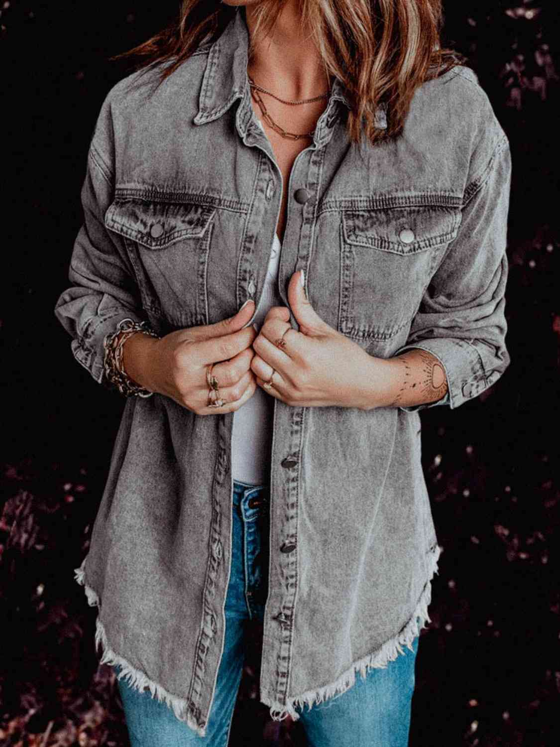 Frayed Hem Collared Denim Jacket - KAISERINC