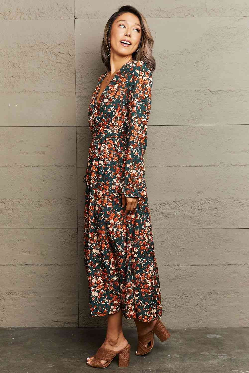 Printed Surplice Neck Long Sleeve Dress - KAISERINC