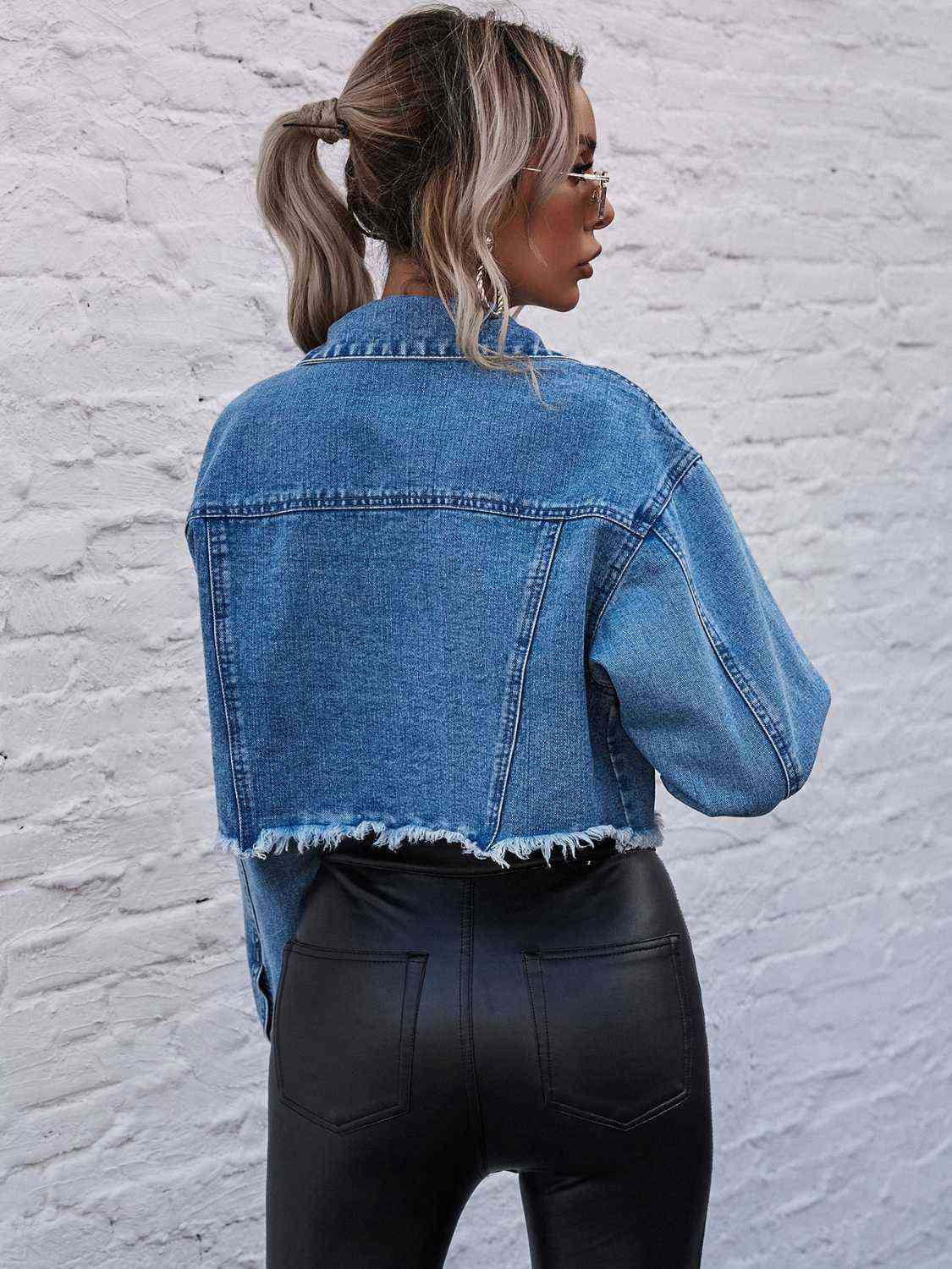 Raw Hem Collared Neck Denim Jacket - KAISERINC