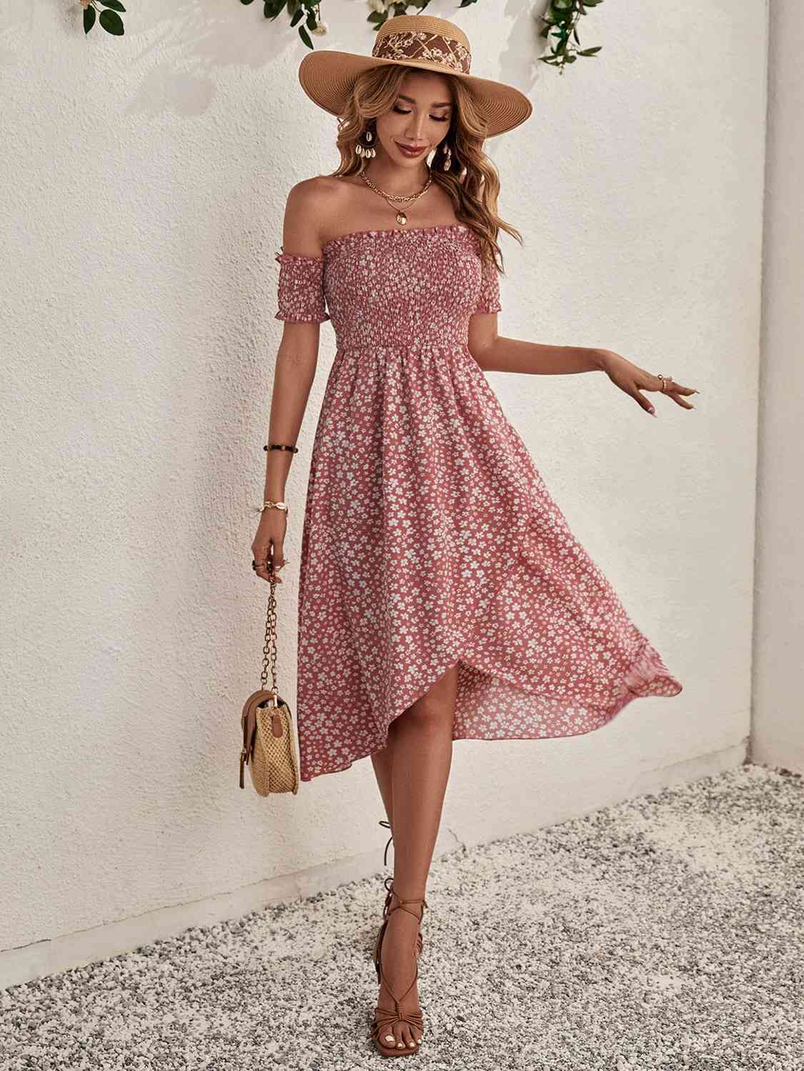 Straight Neckline Elastic Floral Dress - KAISERINC