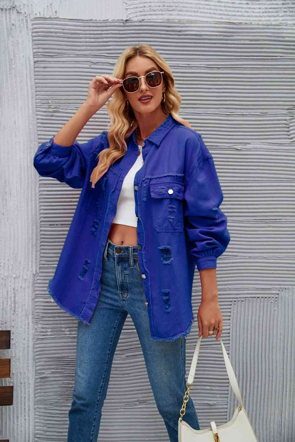 Distressed Raw Hem Denim Jacket - KAISERINC