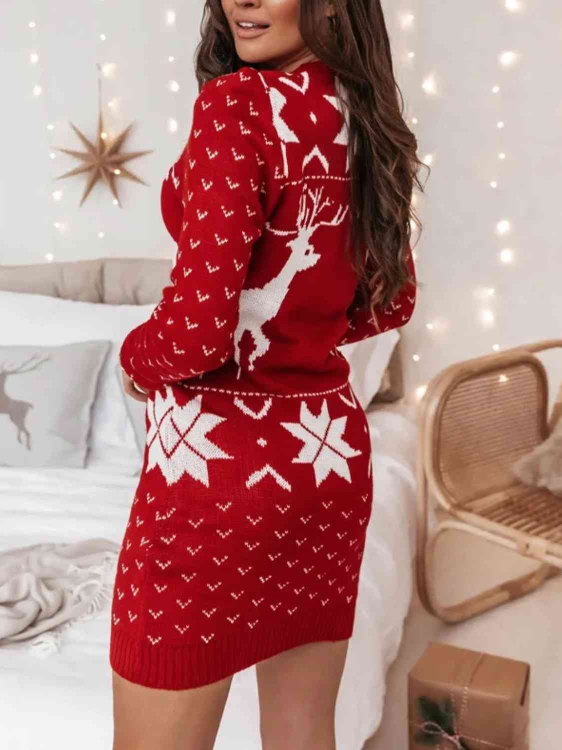Reindeer Print Tunic Sweater Dress - KAISERINC