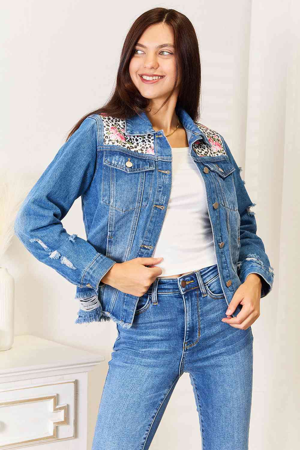 Baeful Leopard Floral Distressed Raw Hem Denim Jacket - KAISERINC
