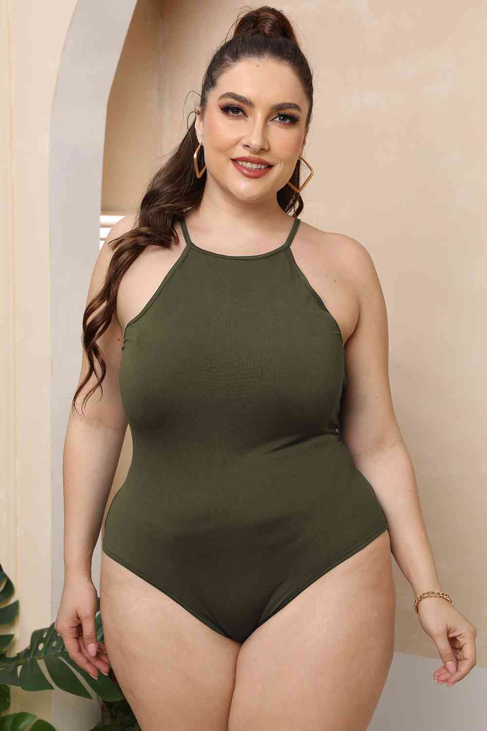 Plus Size Halter Neck Spaghetti Strap Bodysuit - KAISERINC