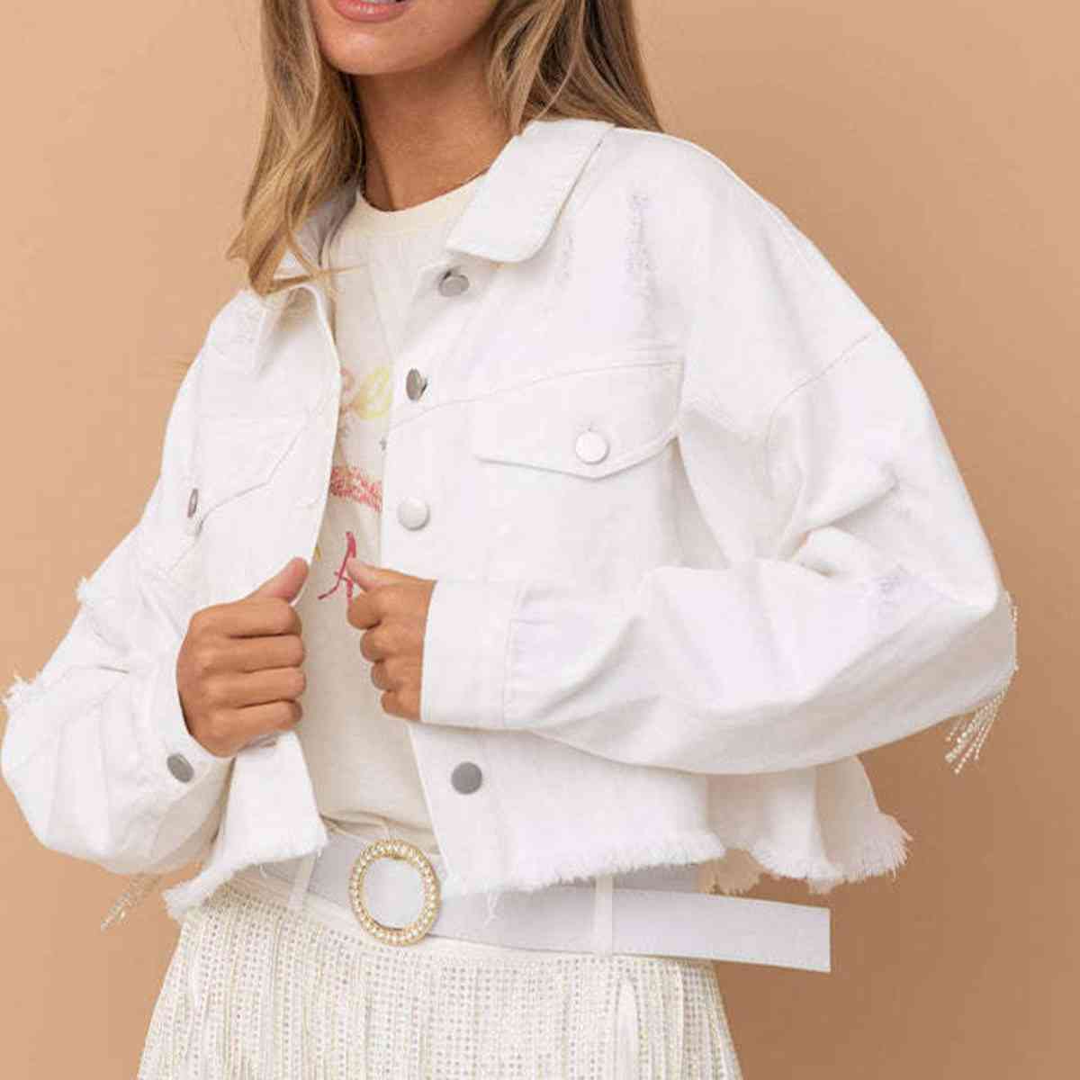 Star Raw Hem Fringe Detail Denim Jacket - KAISERINC