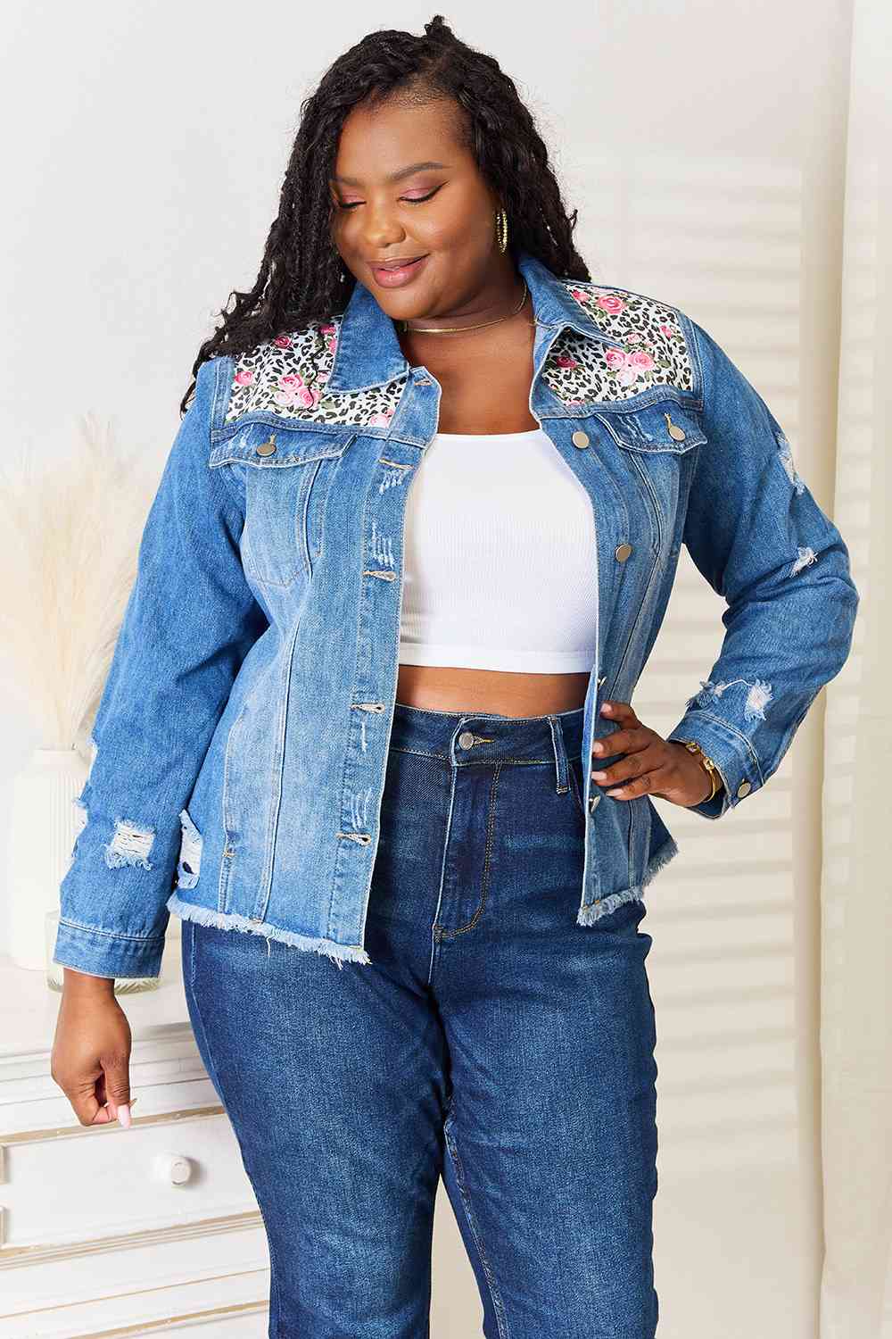 Baeful Leopard Floral Distressed Raw Hem Denim Jacket - KAISERINC