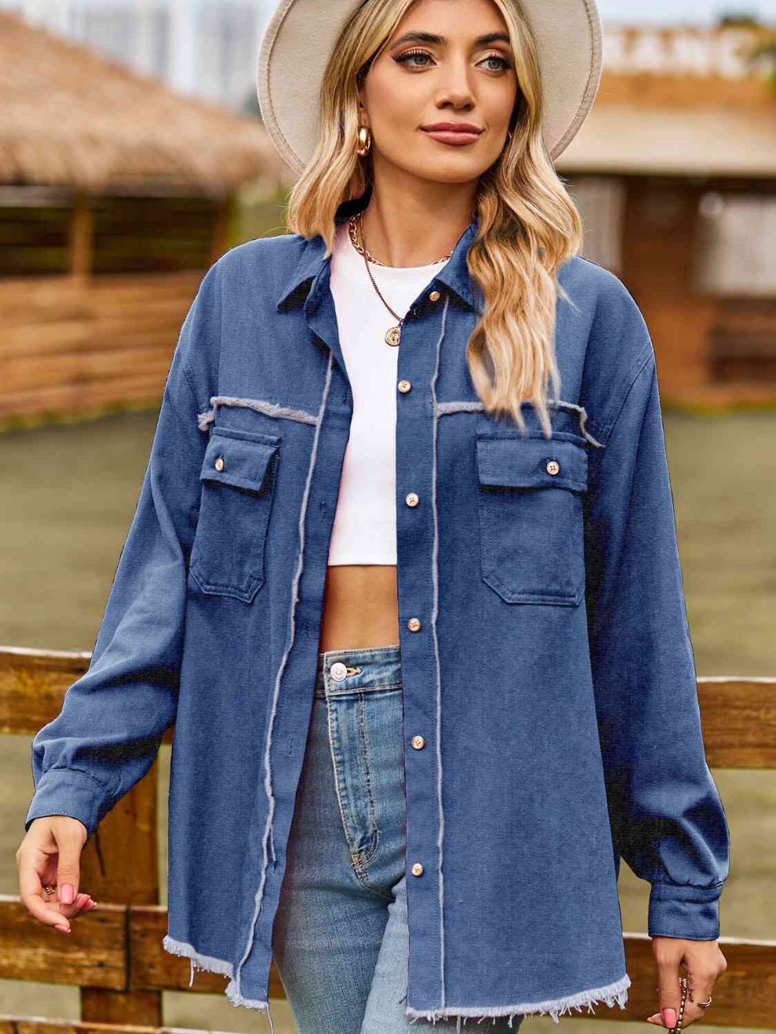 Button Up Collared Neck Raw Hem Denim Top - KAISERINC