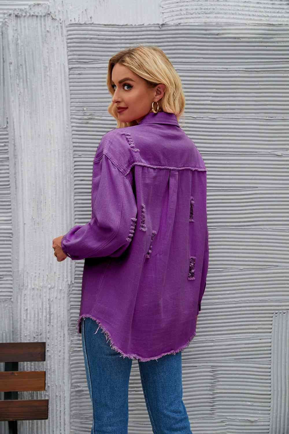 Distressed Raw Hem Denim Jacket - KAISERINC