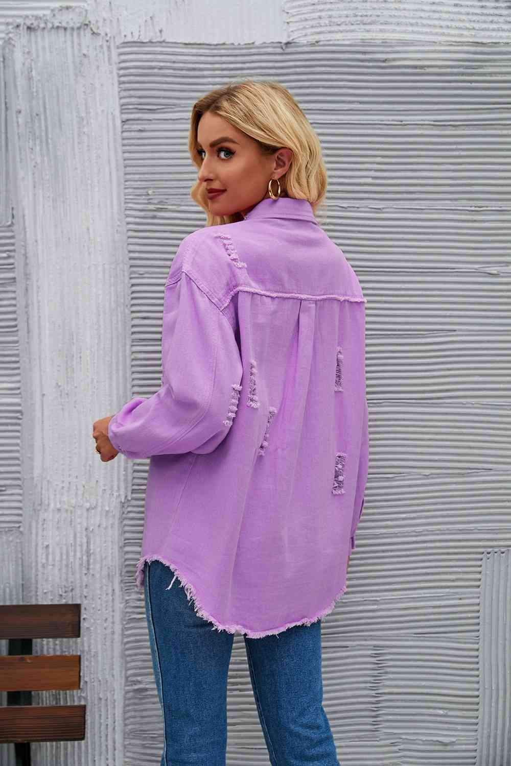 Distressed Raw Hem Denim Jacket - KAISERINC