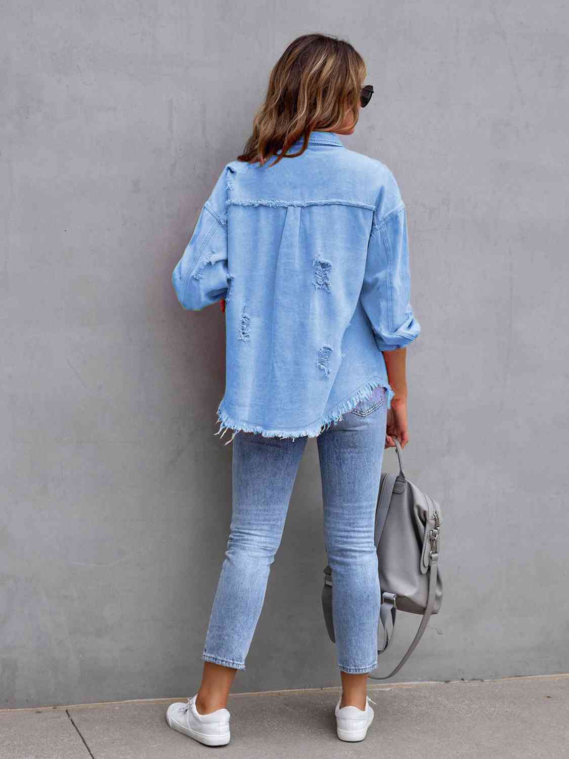 Distressed Drop Shoulder Denim Jacket - KAISERINC
