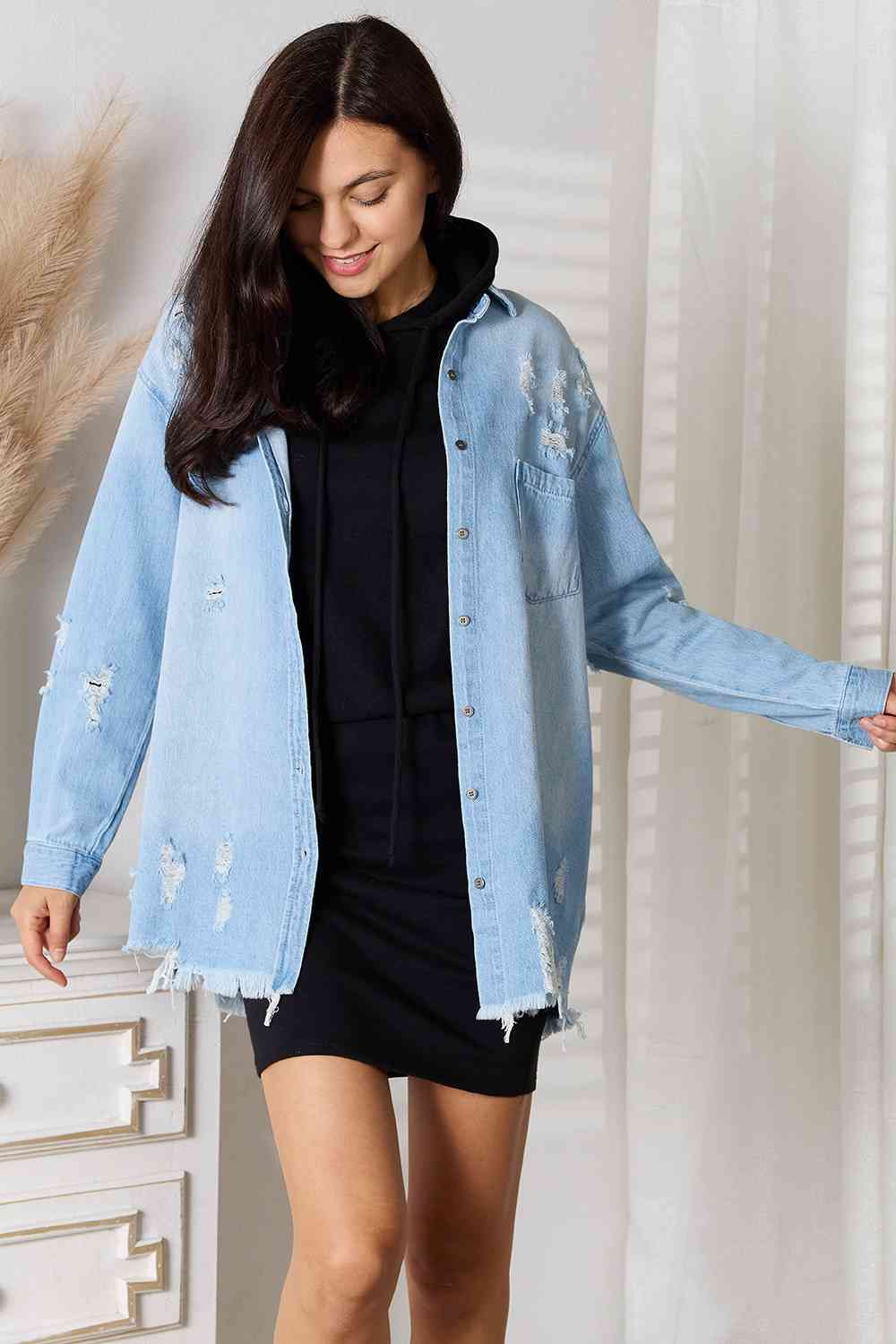 RISEN Full Size Distressed Raw Hem Denim Jacket - KAISERINC