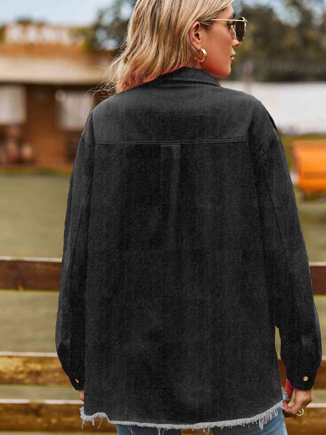 Button Up Collared Neck Raw Hem Denim Top - KAISERINC