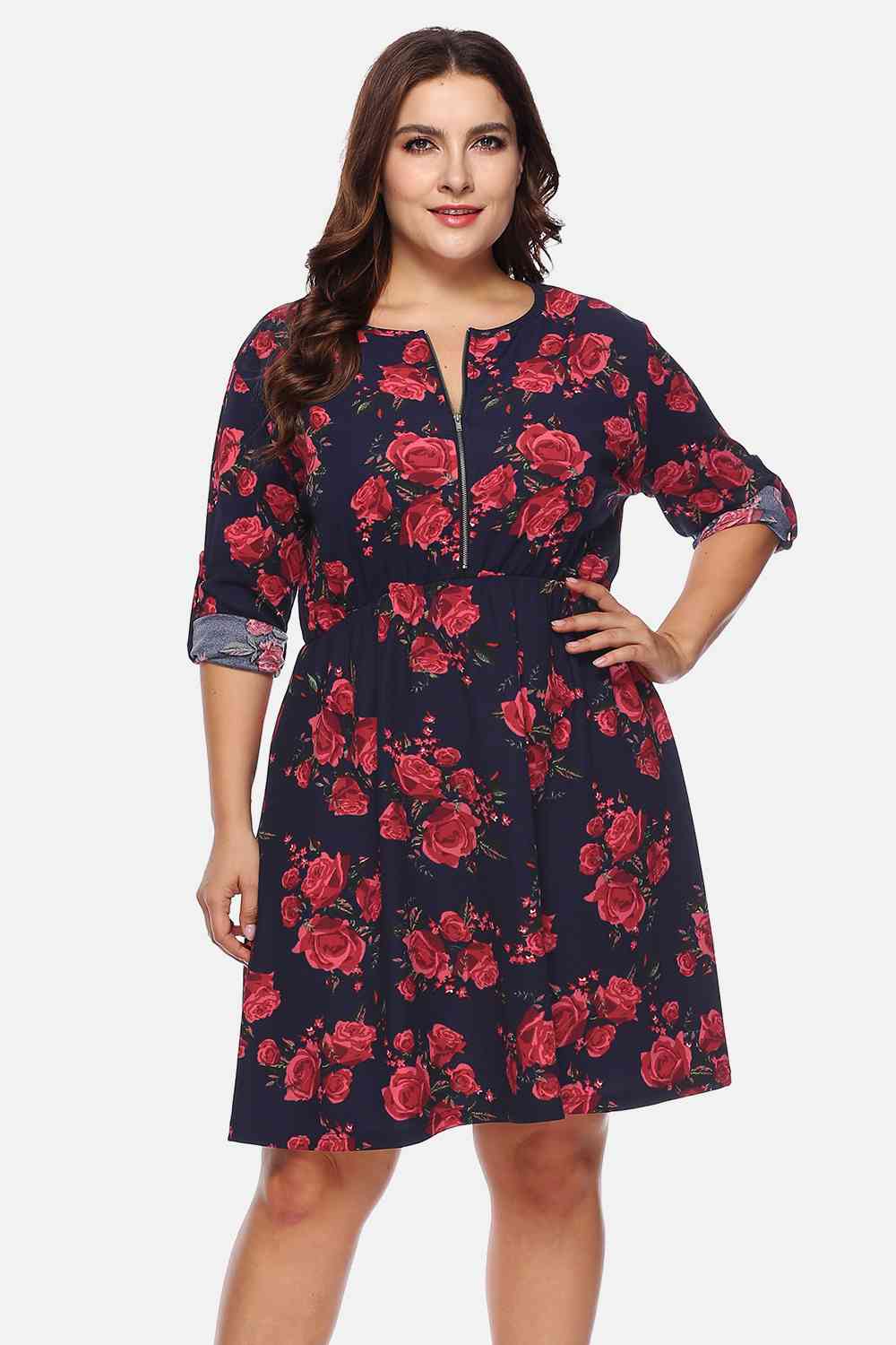 Plus Size Floral Print Half Zip Up Dress - KAISERINC