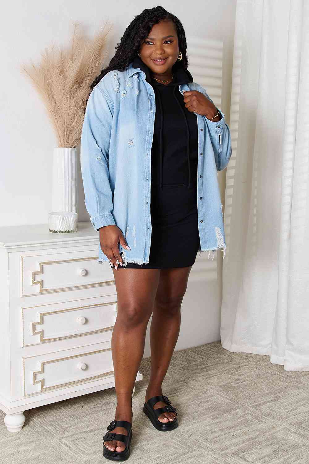 RISEN Full Size Distressed Raw Hem Denim Jacket - KAISERINC