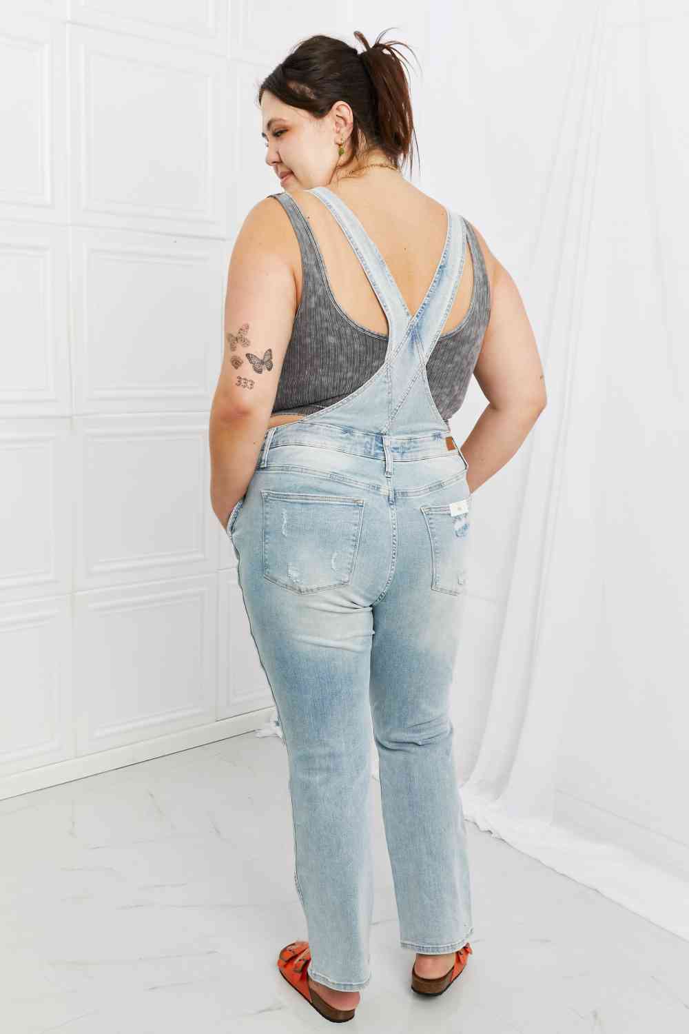 Judy Blue Melina Full Size Distressed Straight Leg Overalls - KAISERINC