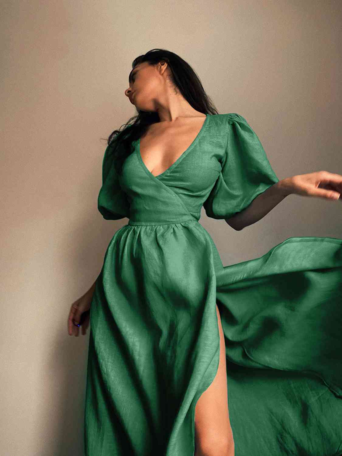 Surplice Balloon Sleeves Tied Dress - KAISERINC