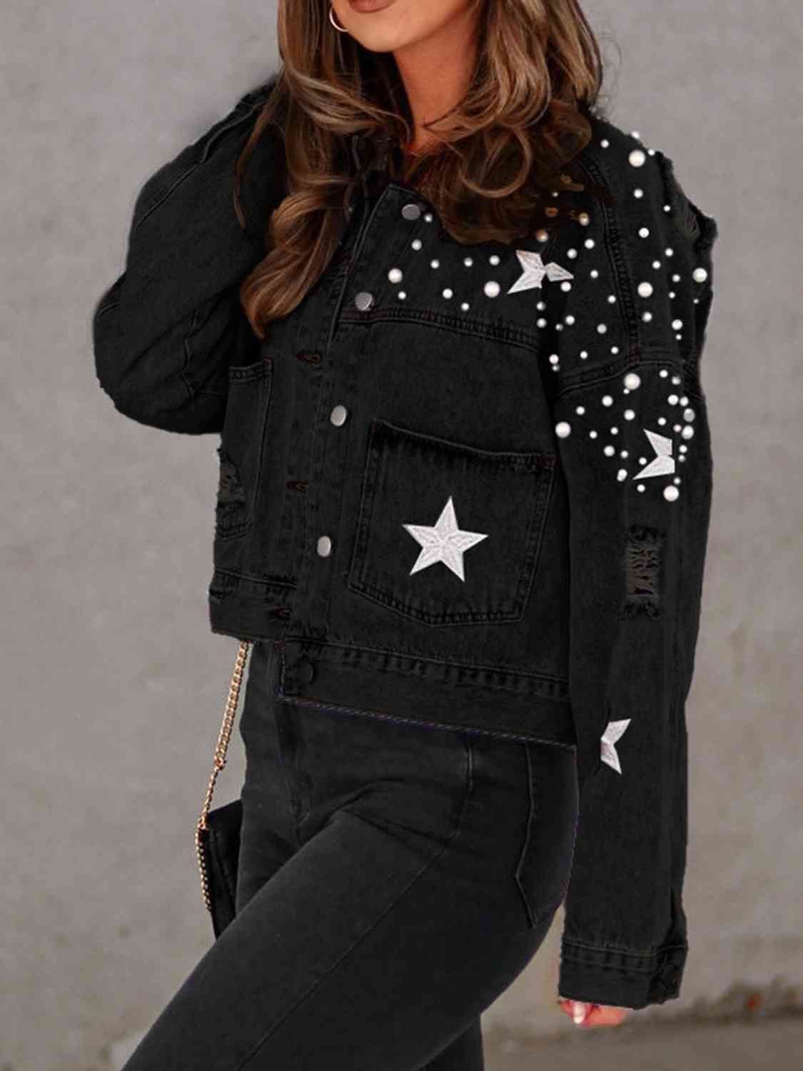 Pearl Trim Button Up Denim Jacket with Pockets - KAISERINC