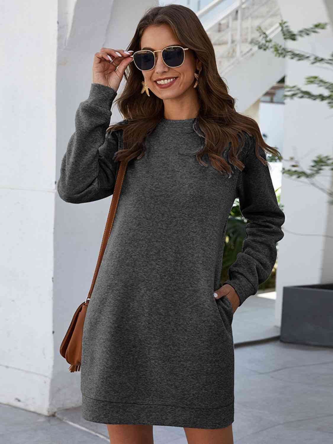 Round Neck Long Sleeve Mini Dress with Pockets - KAISERINC