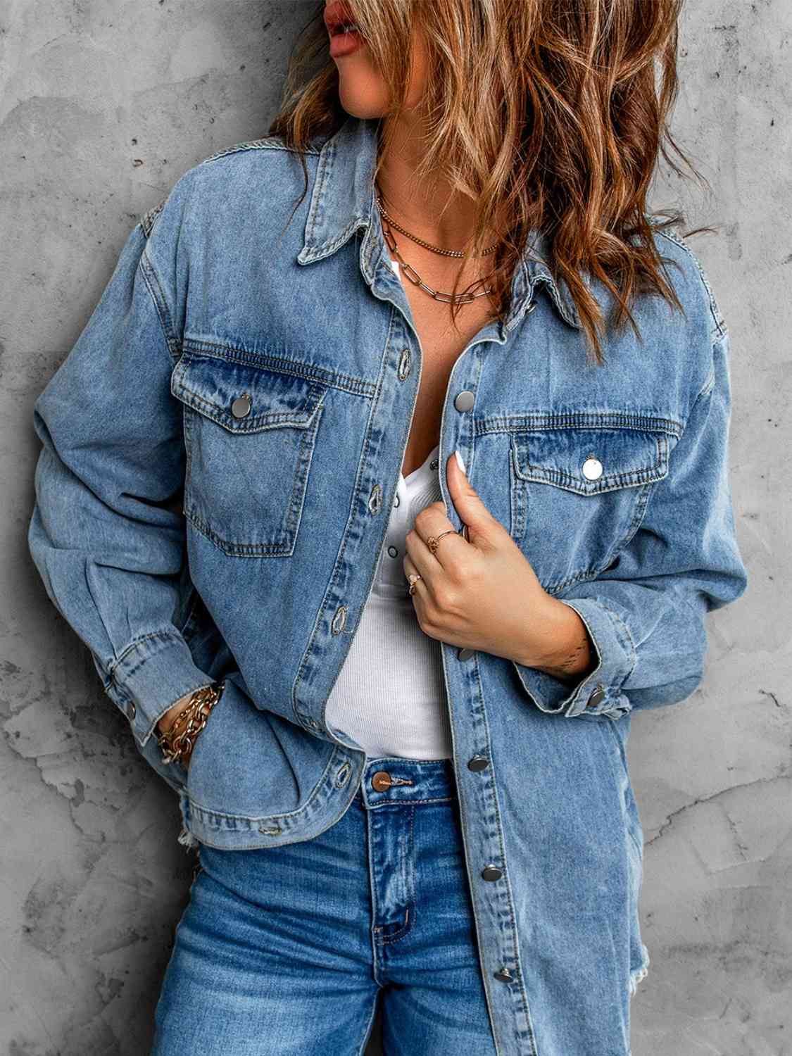 Frayed Hem Collared Denim Jacket - KAISERINC